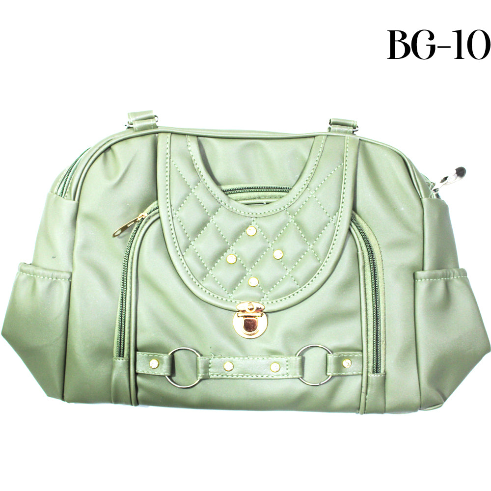 Light green handbag with decorative elements on a white background