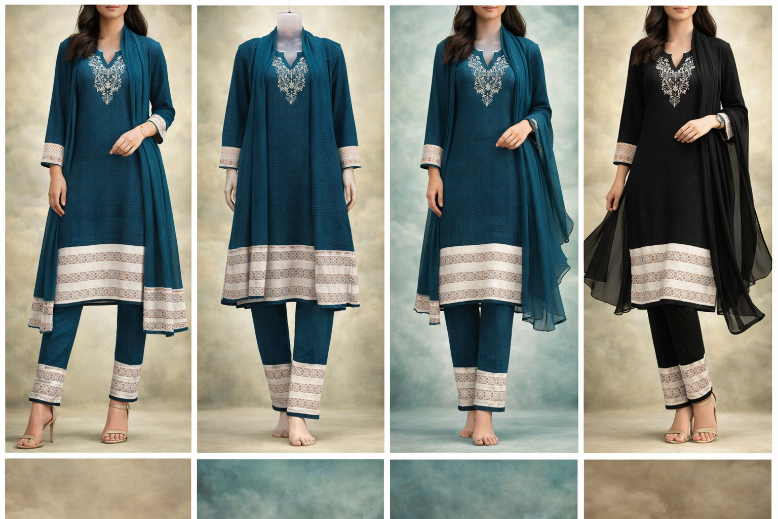Teal & Black Embroidered Kurti Set with Dupatta