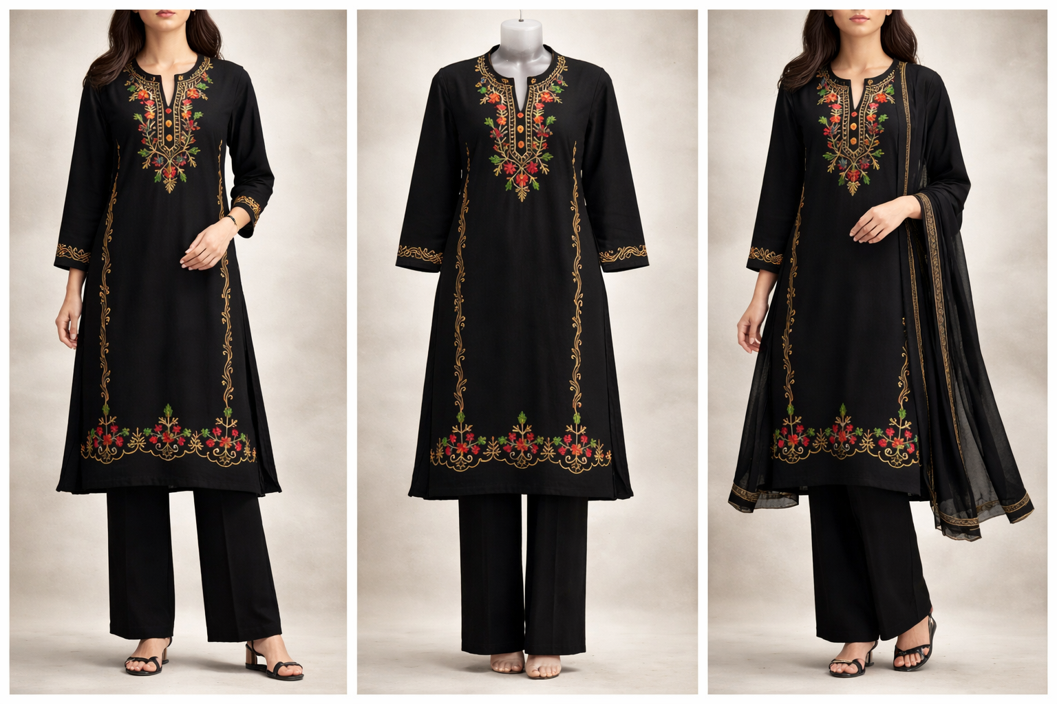Black Embroidered Kurti Set with Palazzo & Dupatta