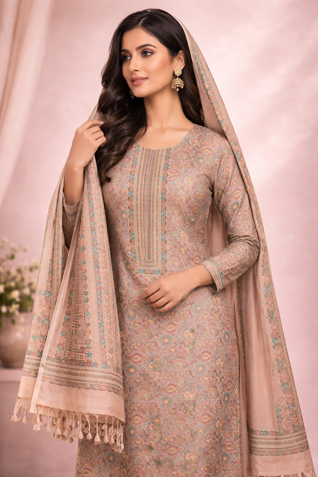 Beige Pastel Printed Suit Set with Dupatta - Dress Matrial