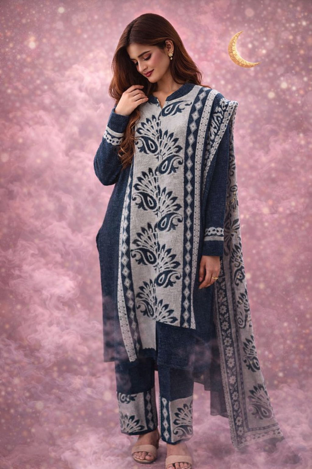 ✨ Premium Winter Knitted 3-Piece Suit – Elegant Navy & Grey ✨