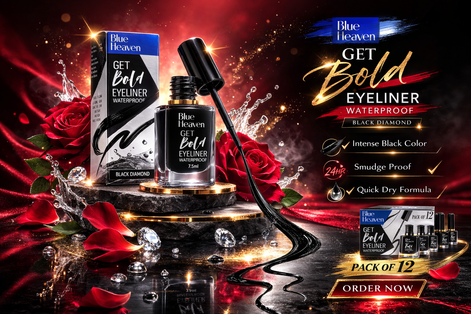 Blue Heaven eyeliner product with red roses and promotional text on a dark background