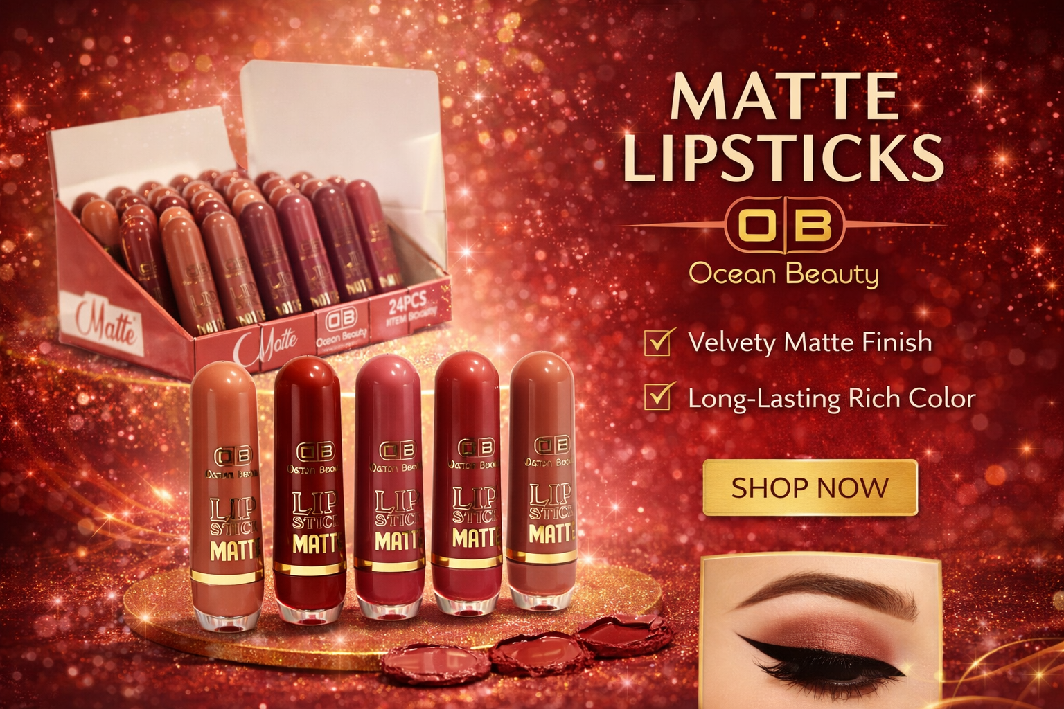 Ocean Beauty matte lipsticks with packaging and promotional text on a red glittery background