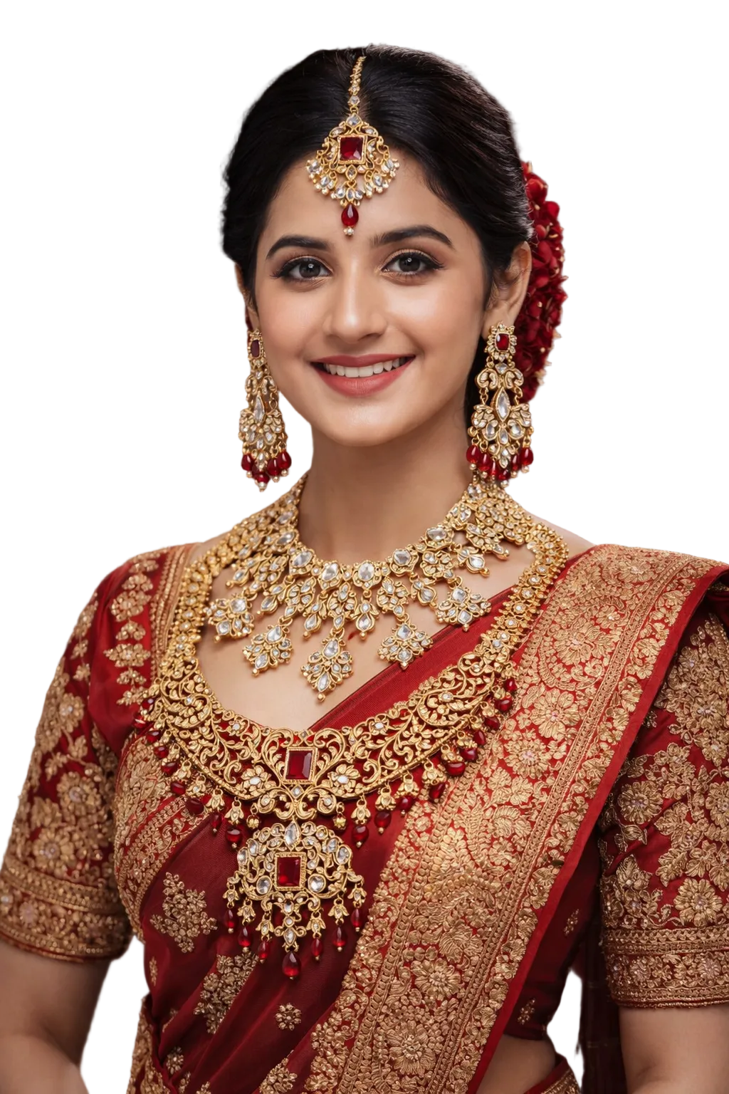 Woman wearing traditional jewelry and a red and gold saree against a brown background