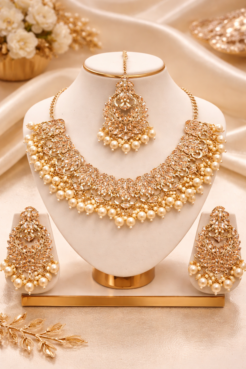 Gold jewelry set including necklace, earrings, and ring on a white stand with flowers in the background.