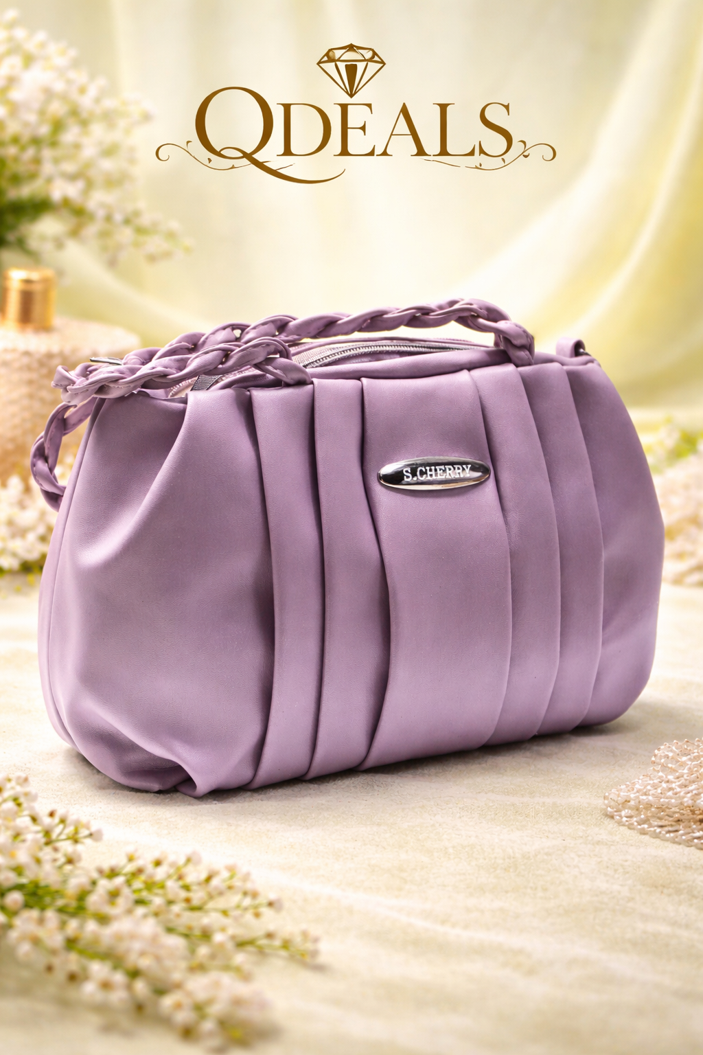 Purple handbag with braided handle on a light background, featuring the QDEALS brand.