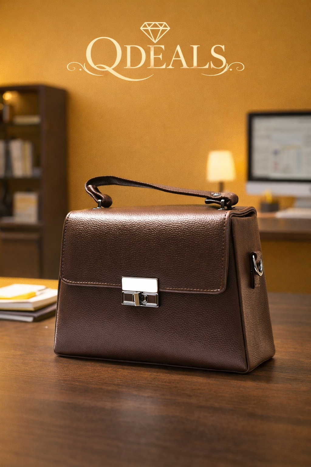 Brown leather handbag on a wooden surface with 'QDEALS' branding in the background.