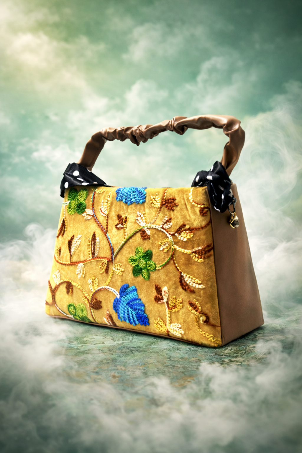 Decorative handbag with floral patterns on a soft, blurred background