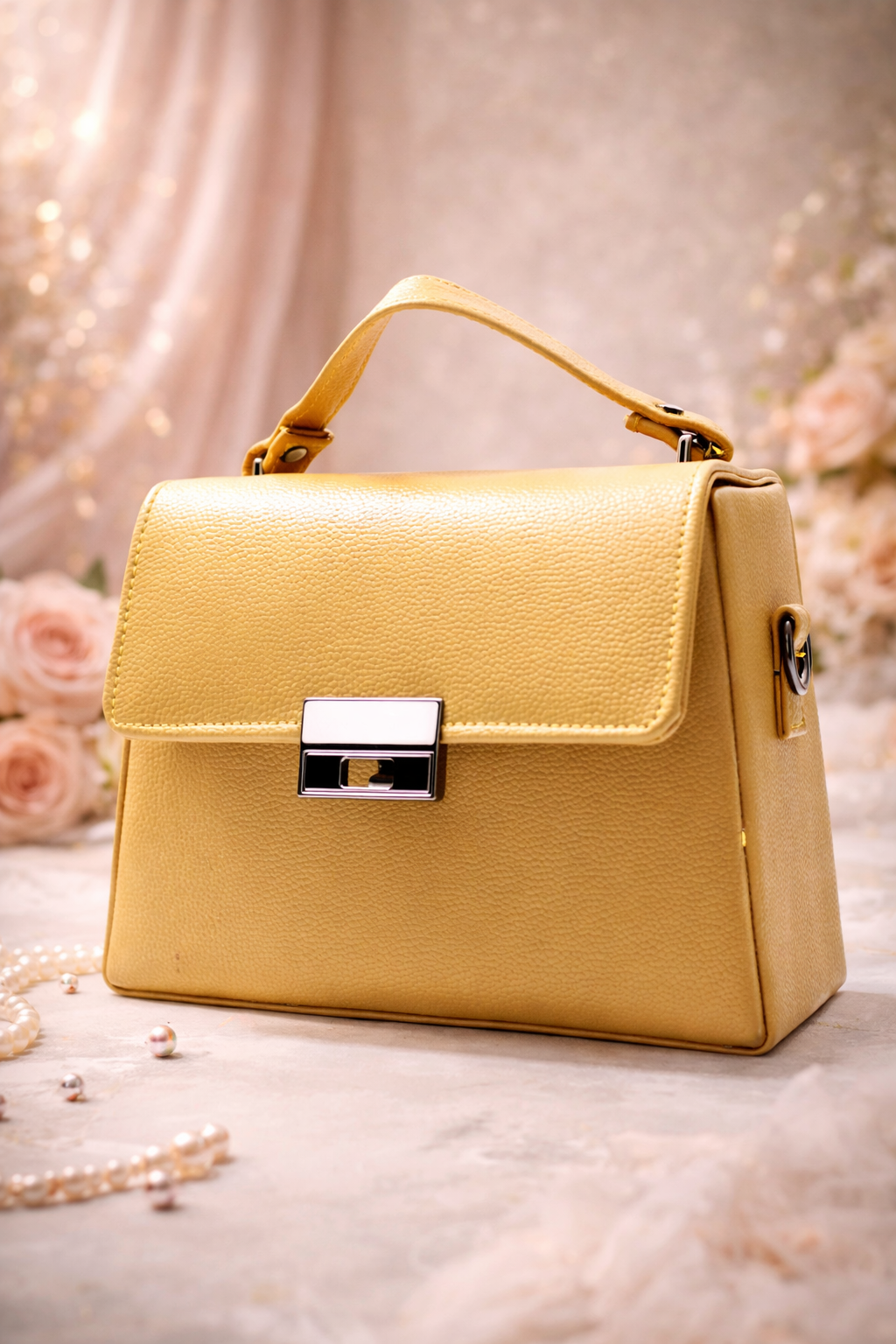 Yellow handbag with a decorative clasp on a soft, blurred background with flowers.