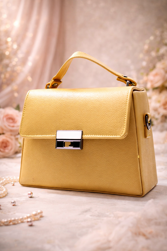 Yellow handbag with a decorative clasp on a soft, blurred background with flowers.