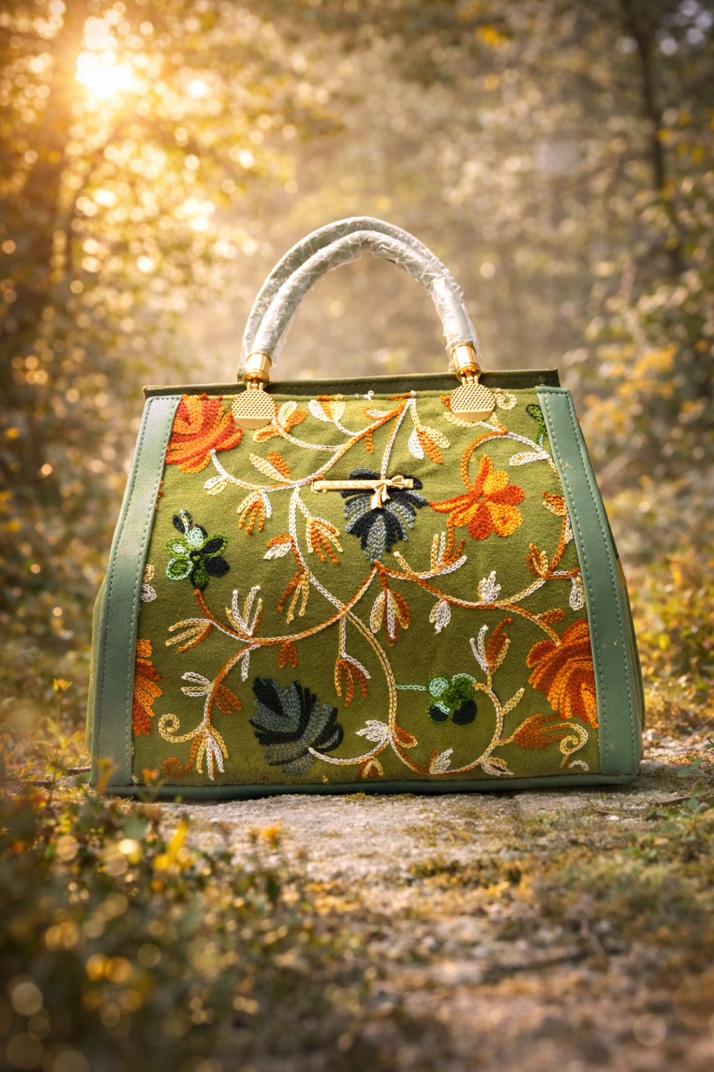 Embroidered handbag with floral patterns on a natural background