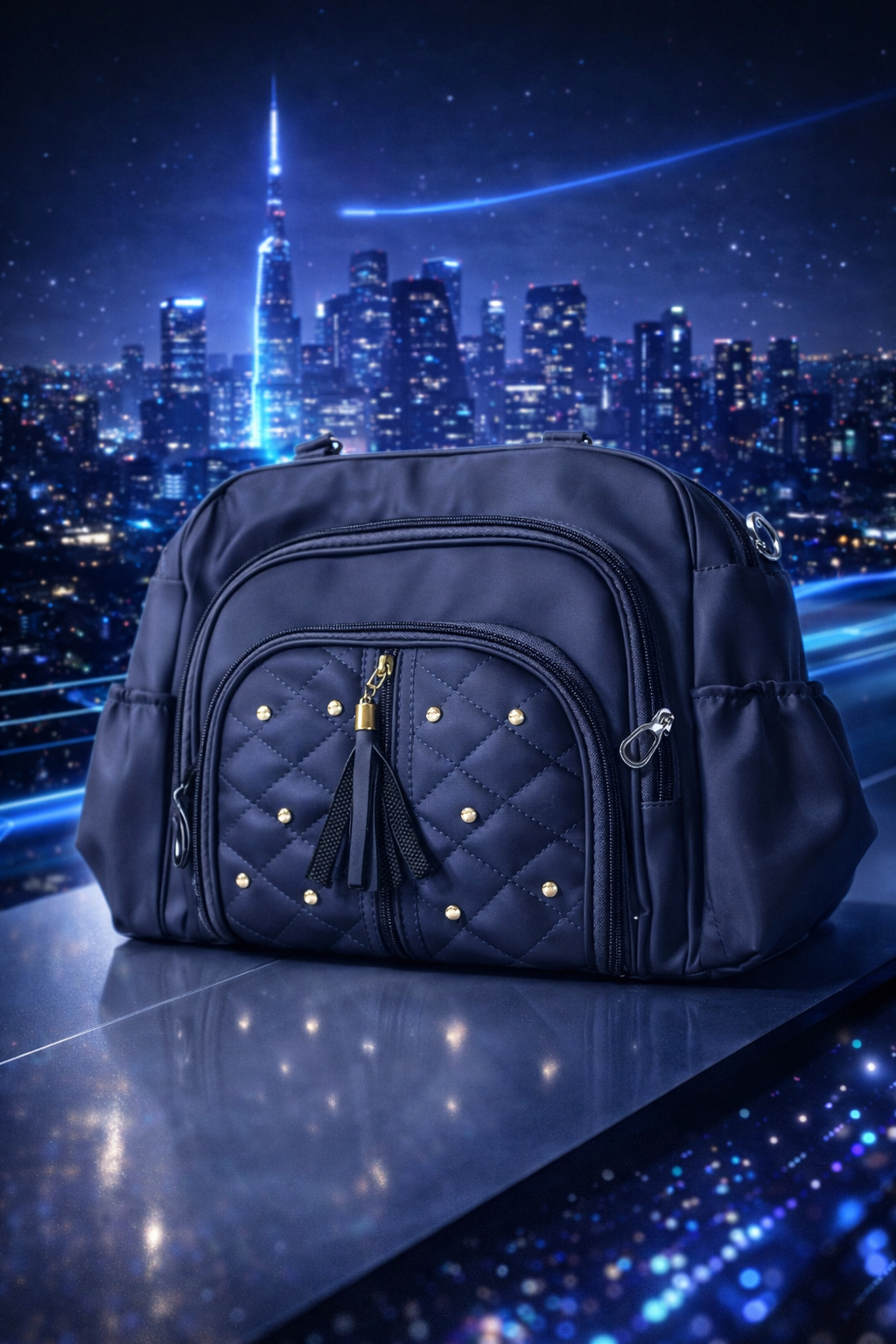 Black quilted bag with gold studs against a city skyline at night