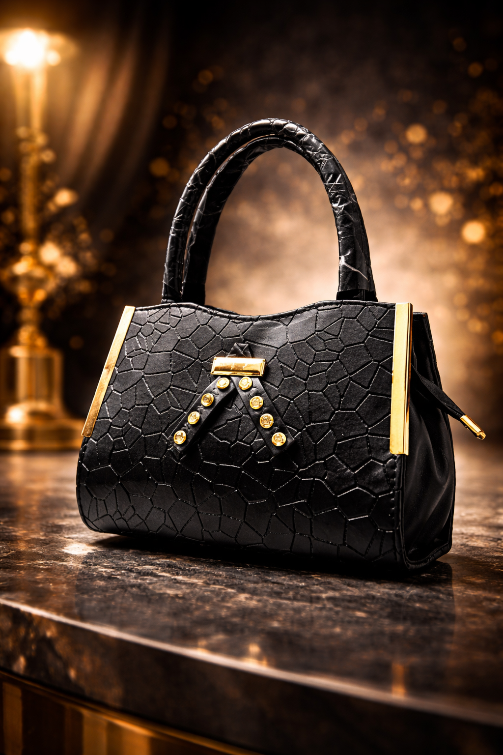 Black textured handbag with gold accents on a reflective surface