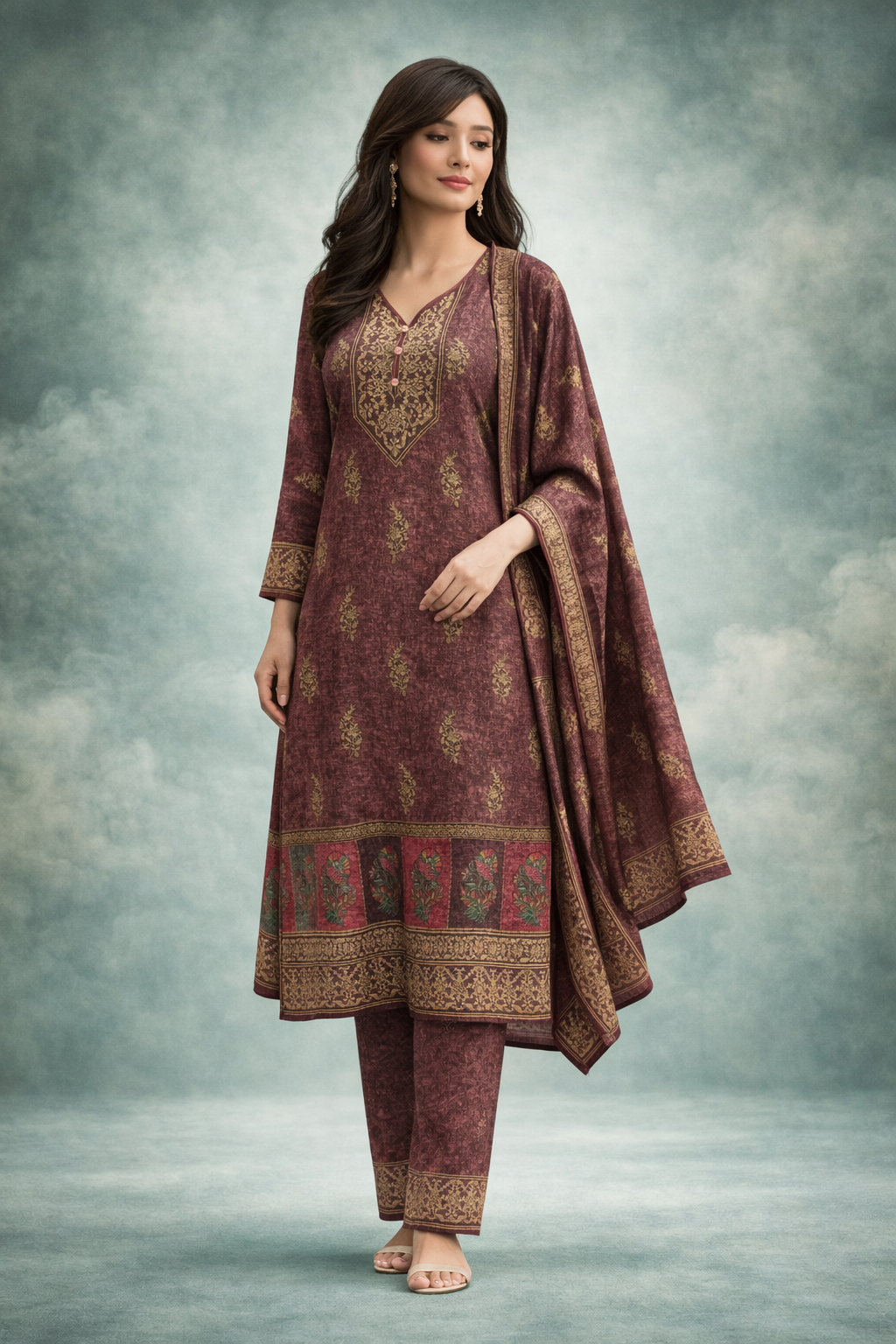 WINTER SUITE - Elegant Maroon Printed Suit Set with Dupatta
