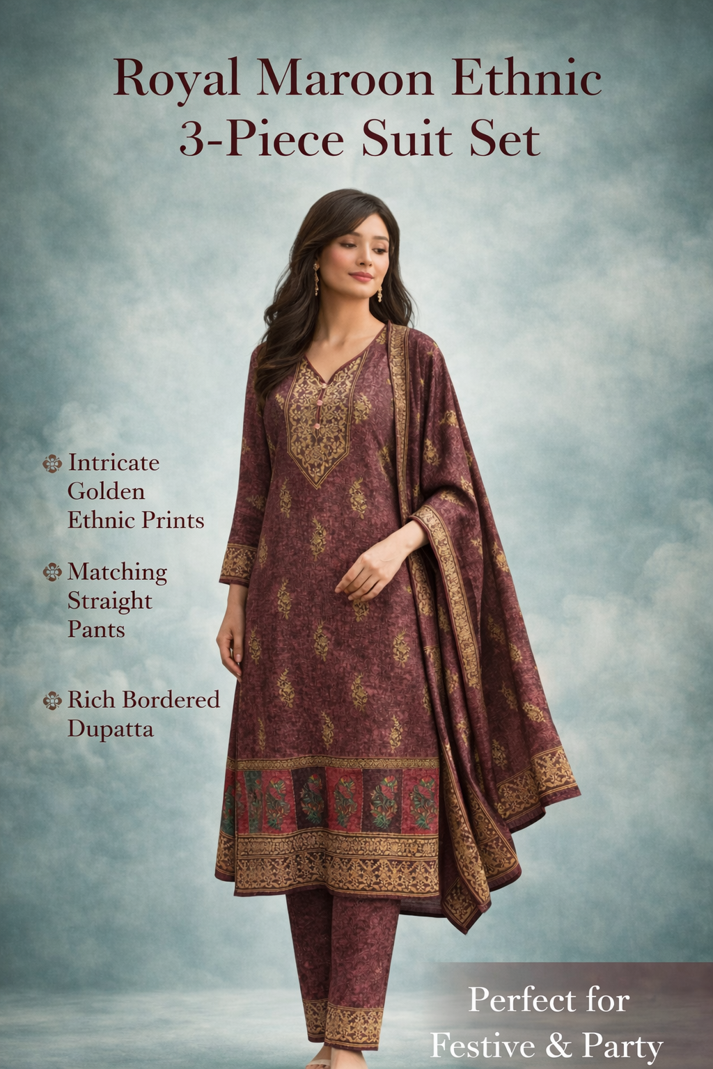 WINTER SUITE - Elegant Maroon Printed Suit Set with Dupatta