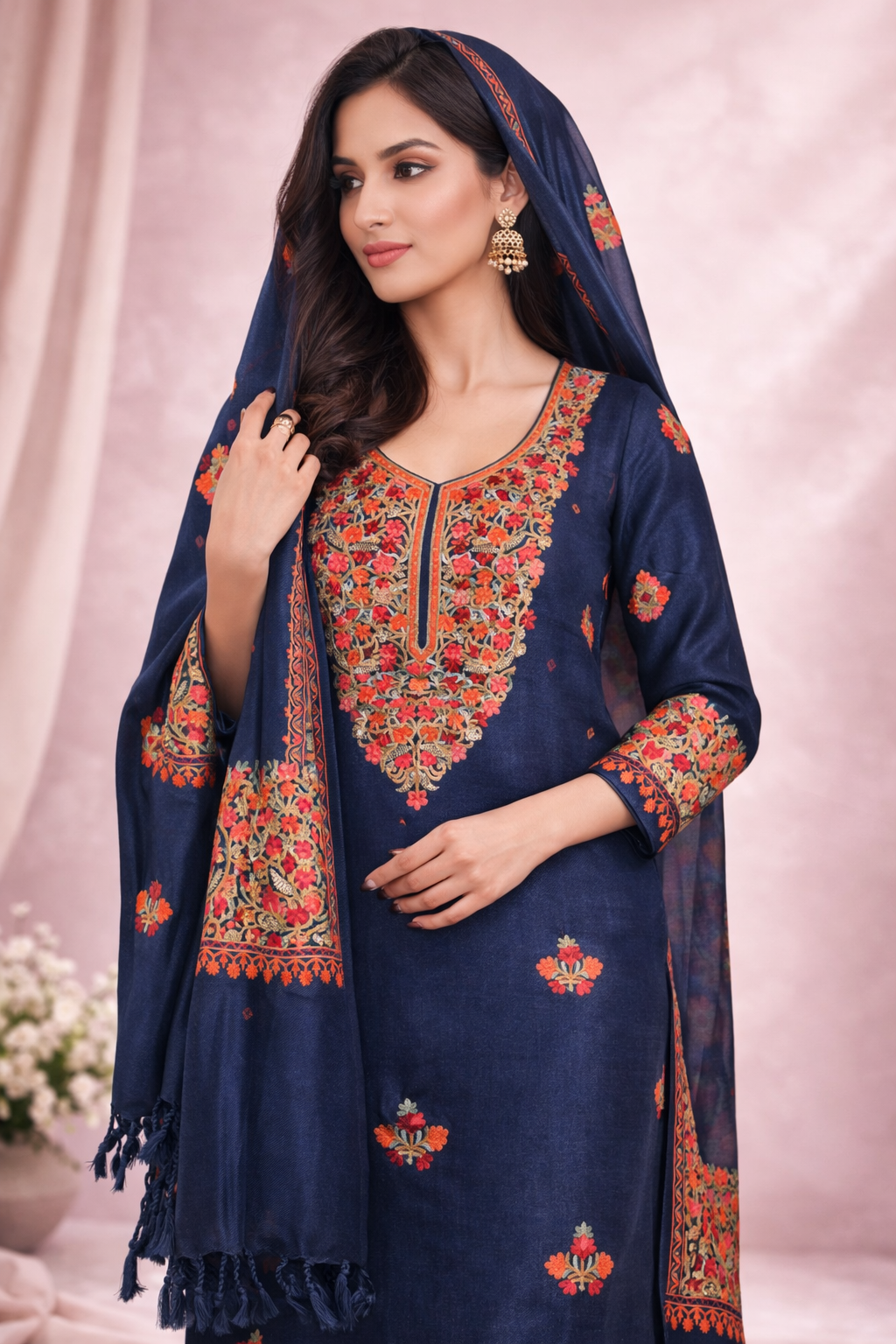 Heavy Kashmiri Floral Embroidery - Dress Material