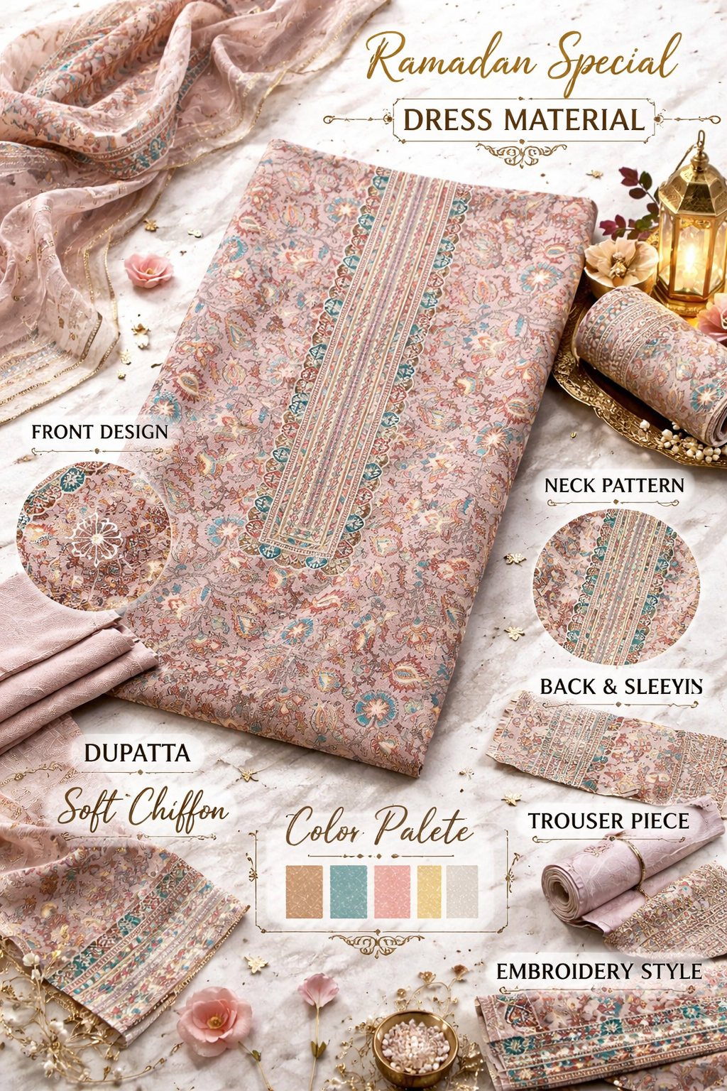 Beige Pastel Printed Suit Set with Dupatta - Dress Matrial