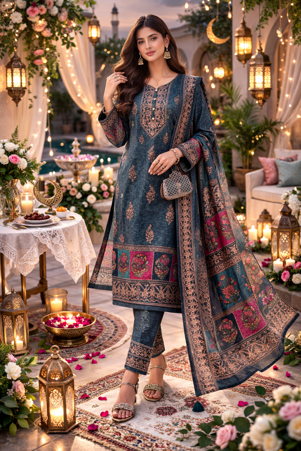 Woman in traditional attire standing in a decorated outdoor setting with flowers and lanterns.