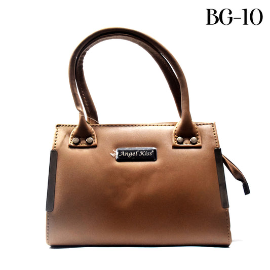Brown handbag with 'Angel Kiss' logo on a white background