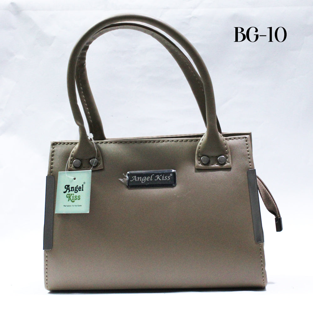 Brown handbag with 'Angel Kiss' tag on a white background
