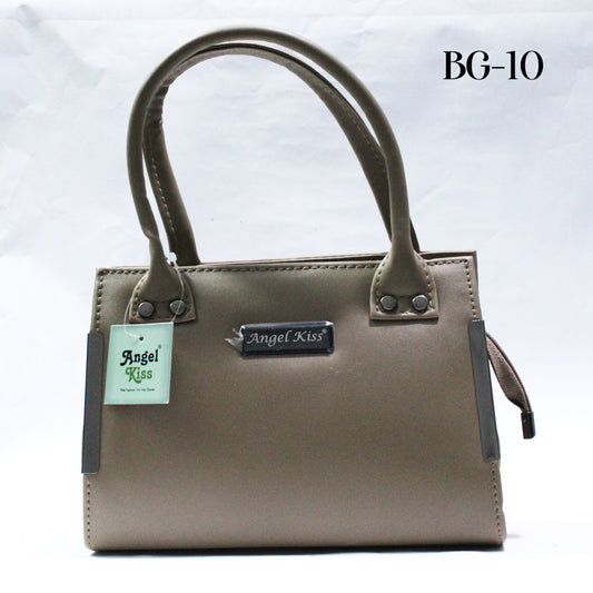 Brown handbag with 'Angel Kiss' tag on a white background