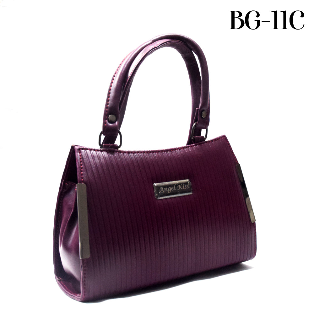 Purple handbag with 'Angel Kiss' logo on a white background
