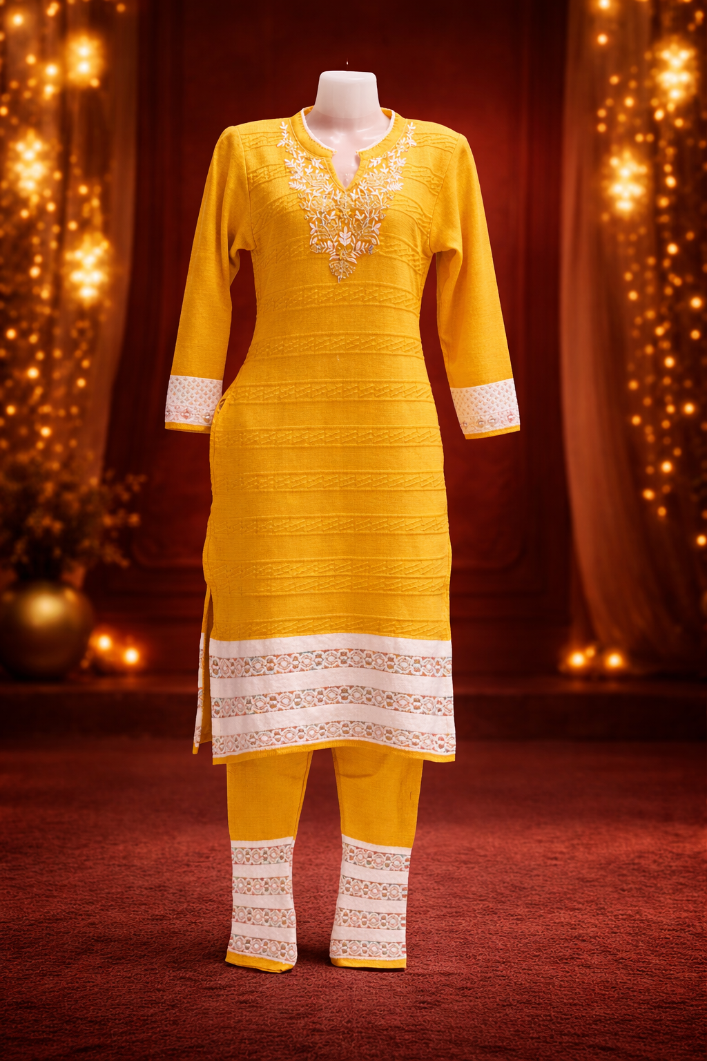 WINTER SUIT       - Mustard Yellow Embroidered Salwar Suit Set