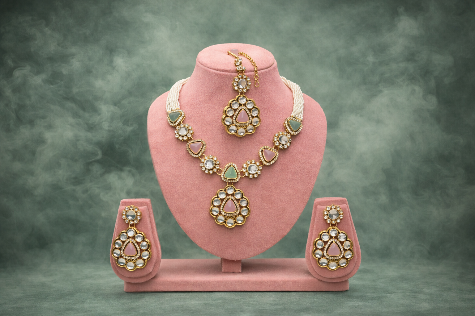 Jewelry set with necklace and earrings on a pink stand against a gray background
