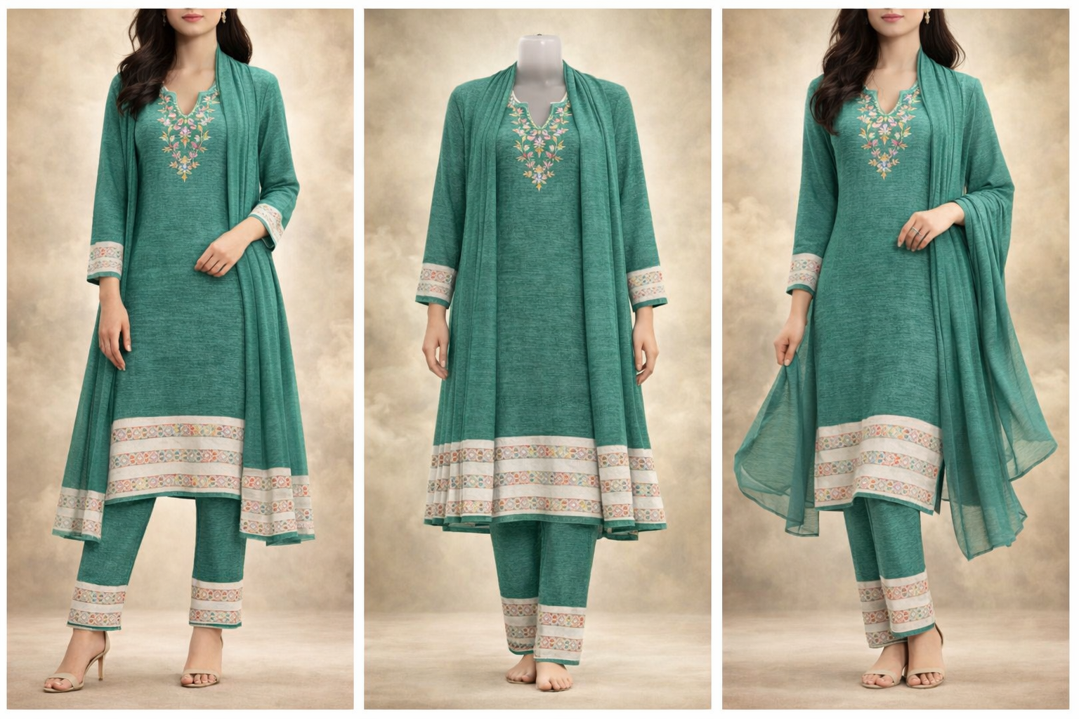 Sea Green Embroidered Kurti Set with Dupatta