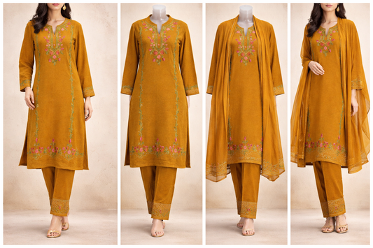 Mustard Embroidered Kurti Set with Pants & Dupatta