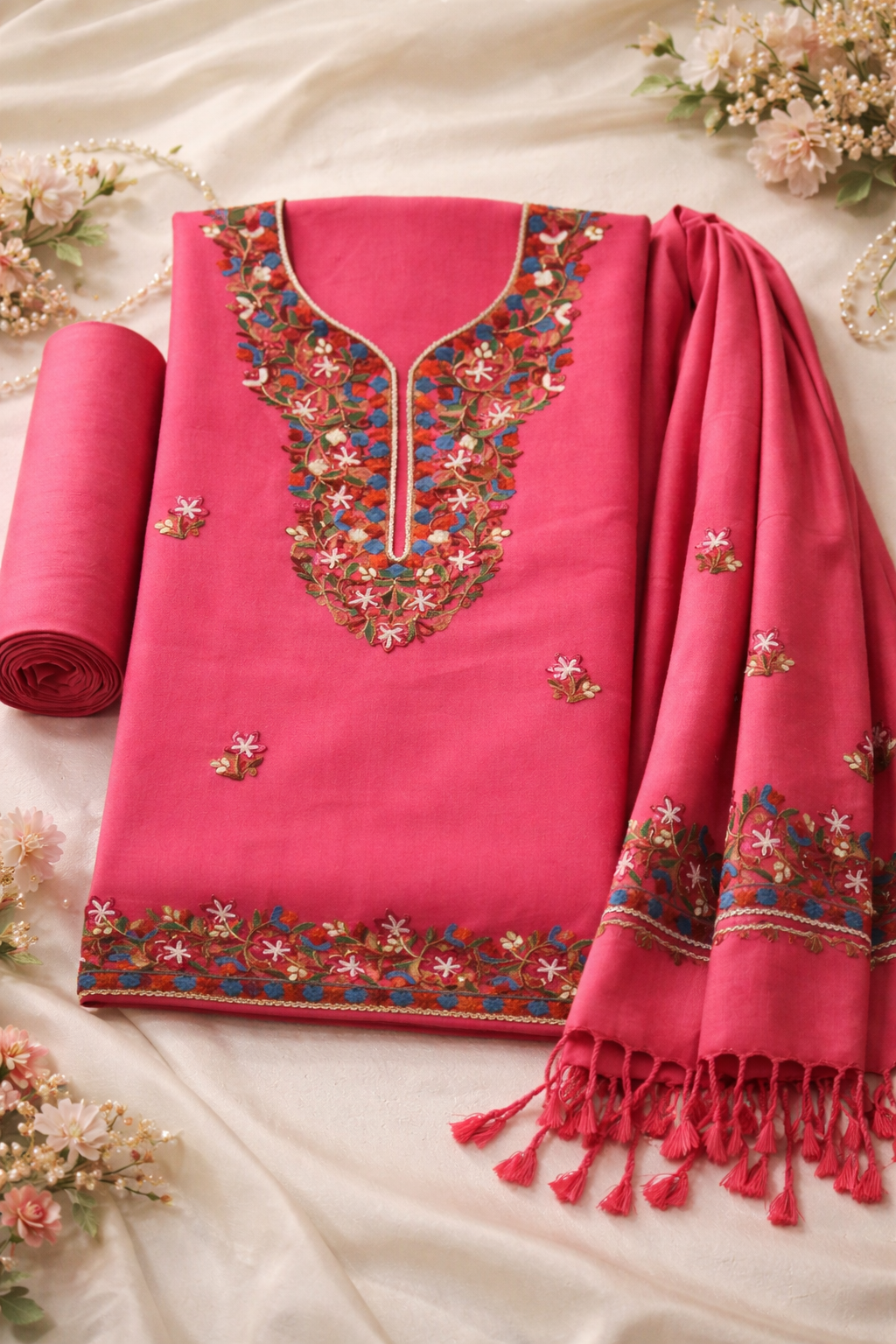 Kashmeri - Dress Material-Elegant Pink Embroidered Dress Material (3-Piece Unstitched Set)