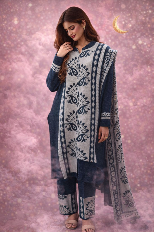 ✨ Premium Winter Knitted 3-Piece Suit – Elegant Navy & Grey ✨