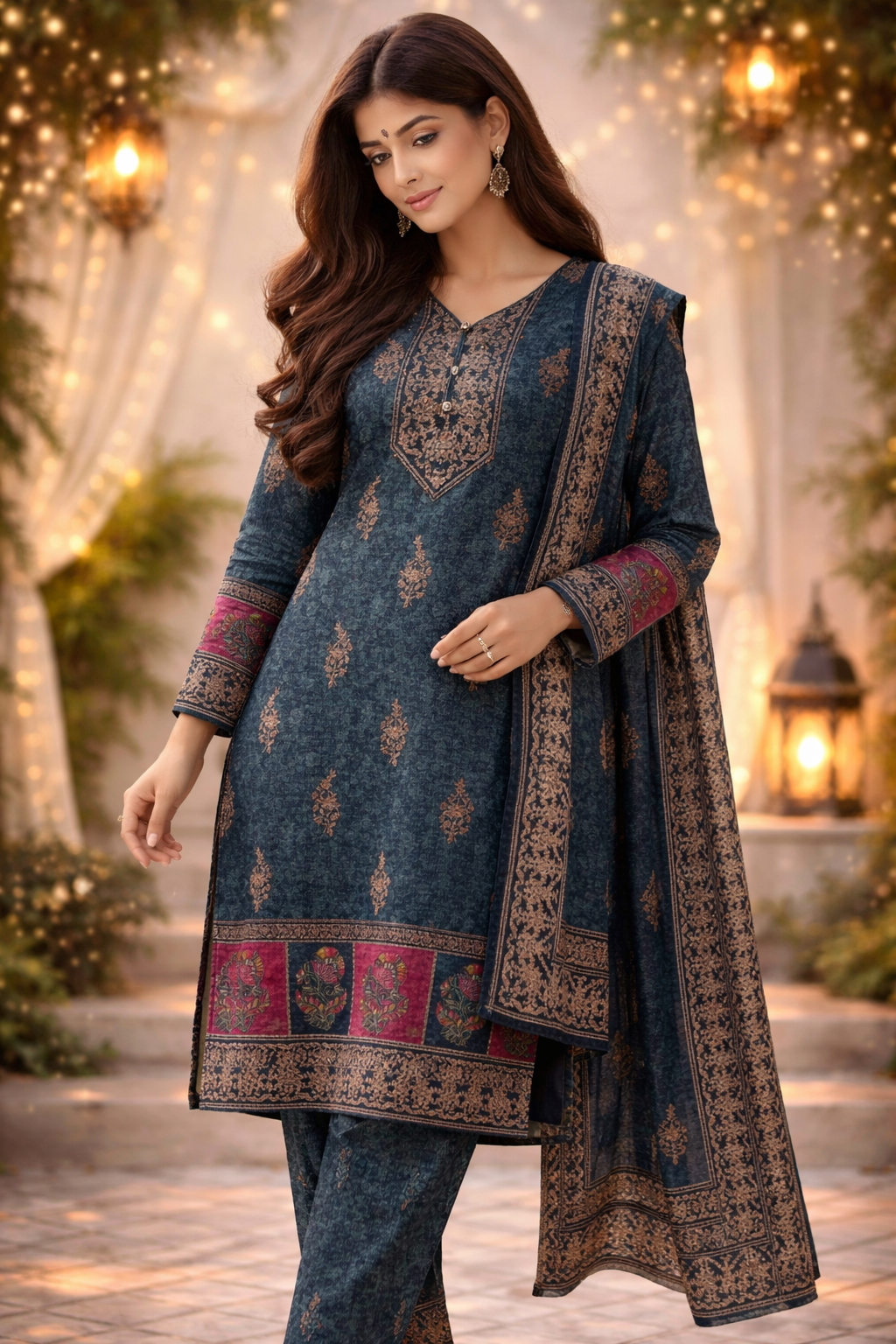 Premium 3-Piece Printed Suit – Teal Elegance Collection ✨