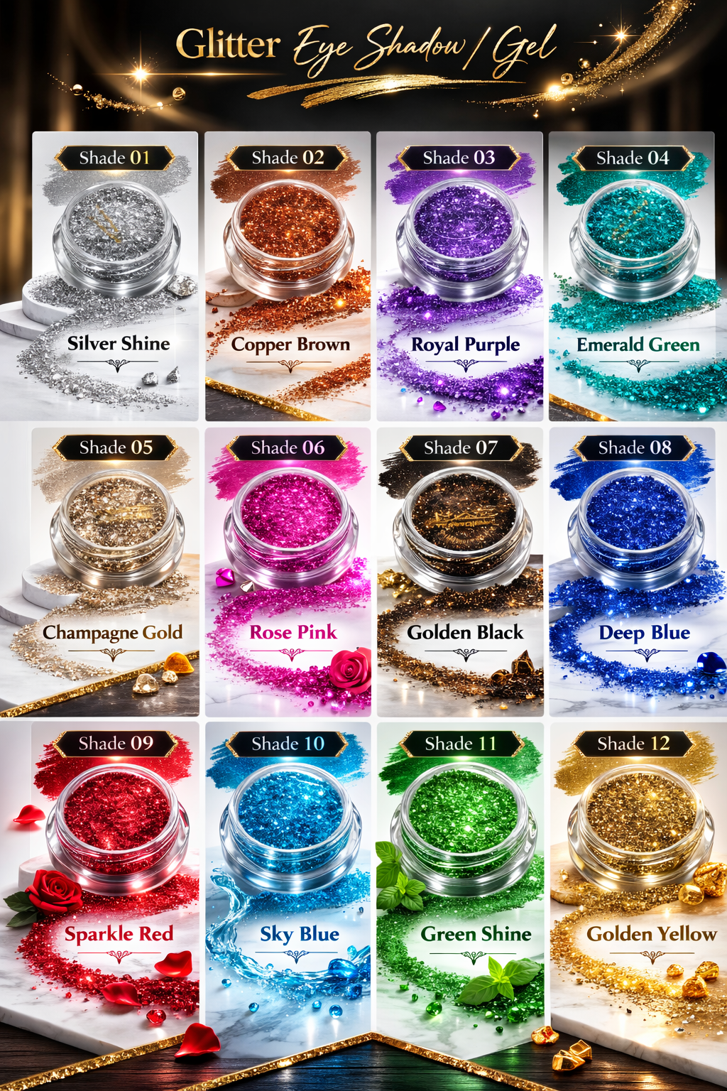 Collection of glitter eye shadow/gel shades with decorative packaging.