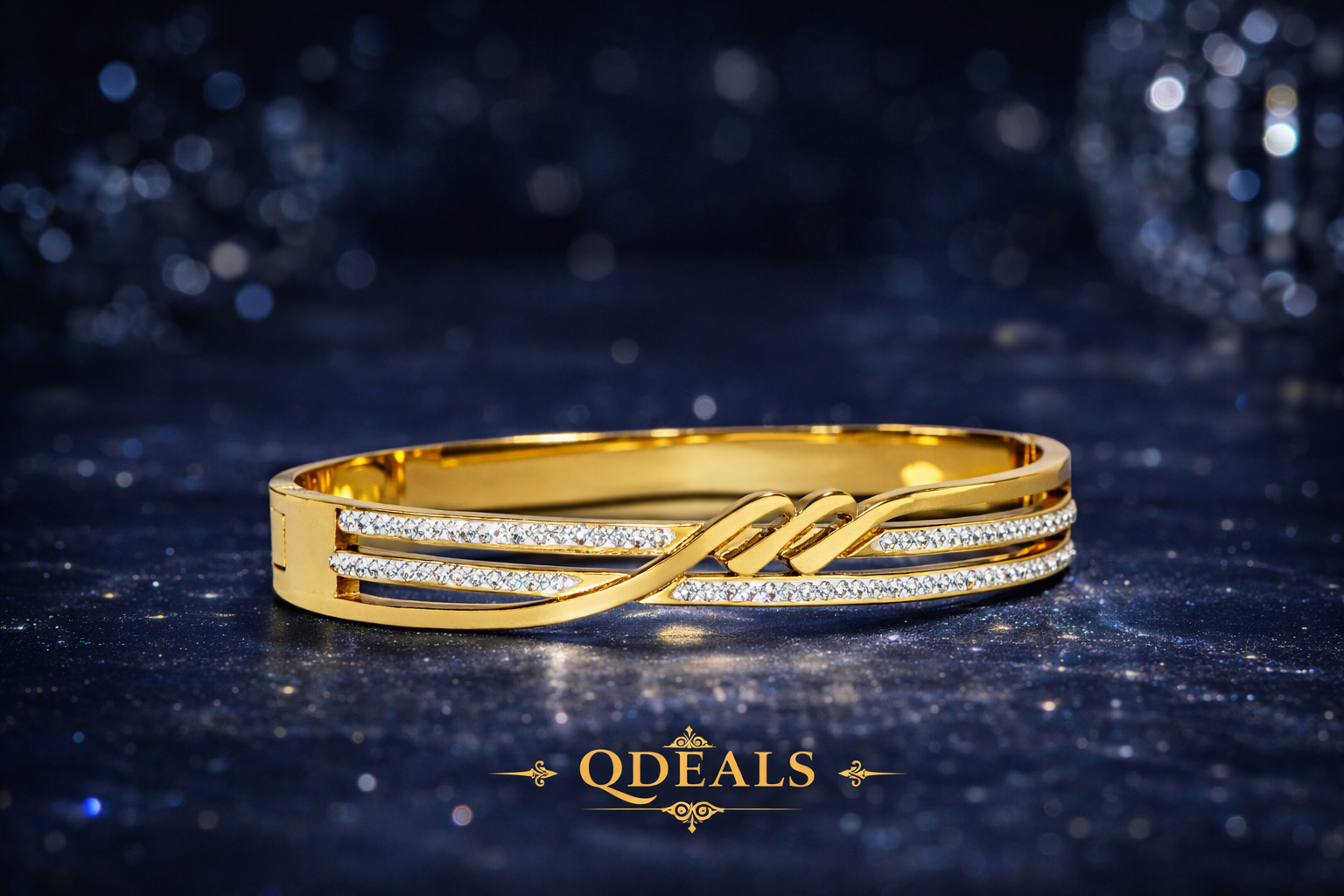 Gold bracelet with diamond accents on a dark blue background, featuring the brand 'QDeals'.