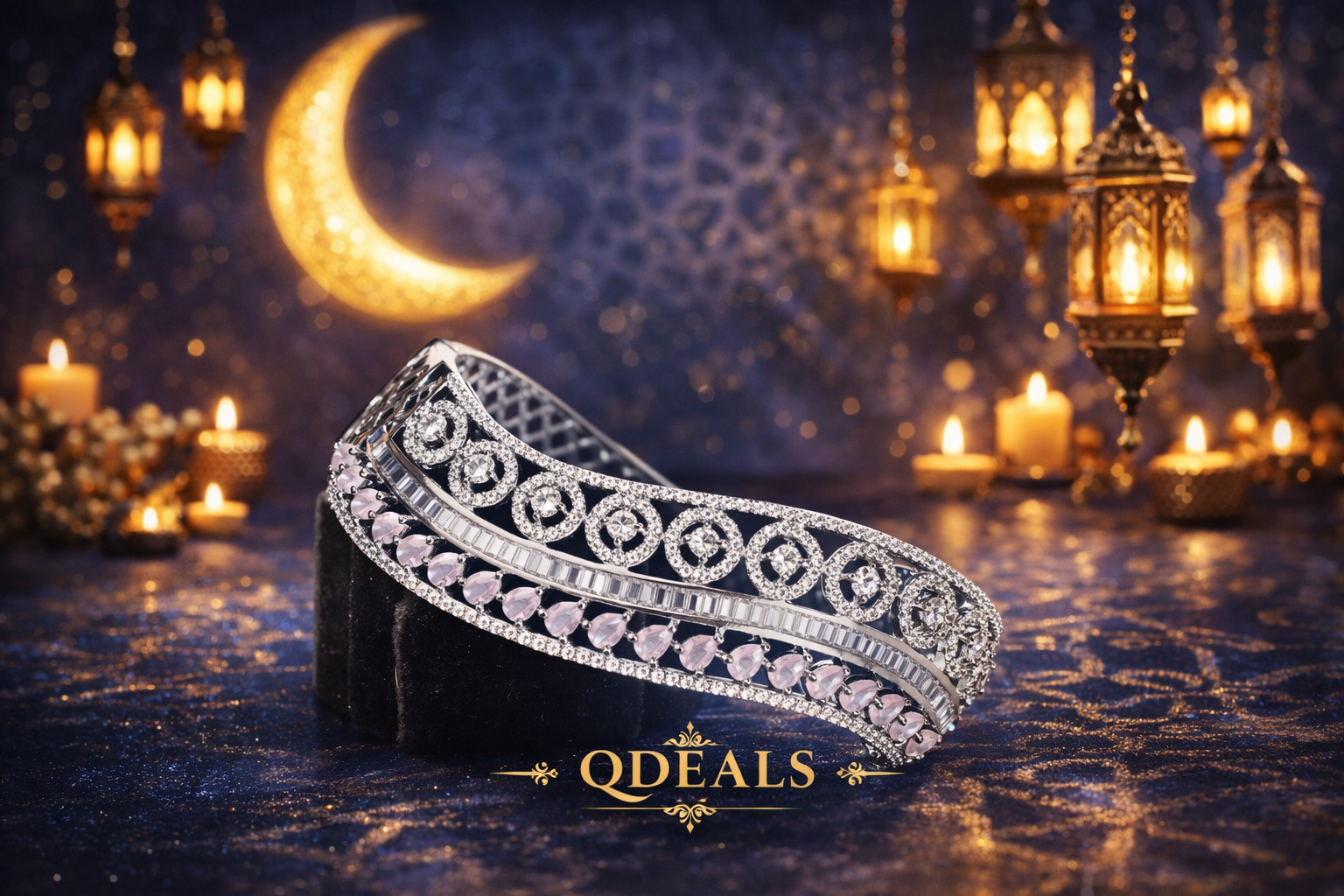 Silver tiara on a dark surface with candles and lanterns in the background, featuring the brand 'QDeals'.
