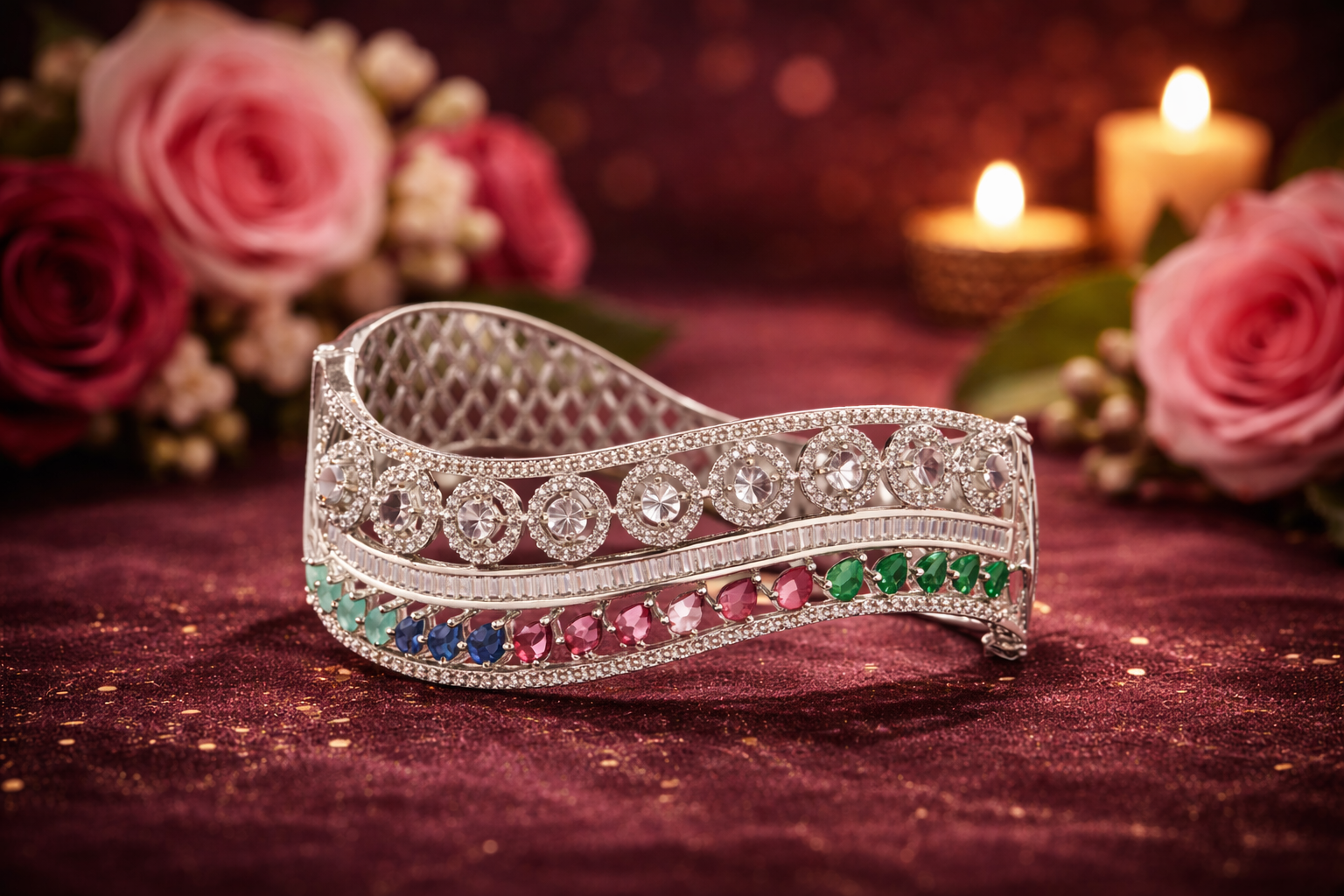 Elegant tiara with gemstones on a dark surface with flowers and candles in the background