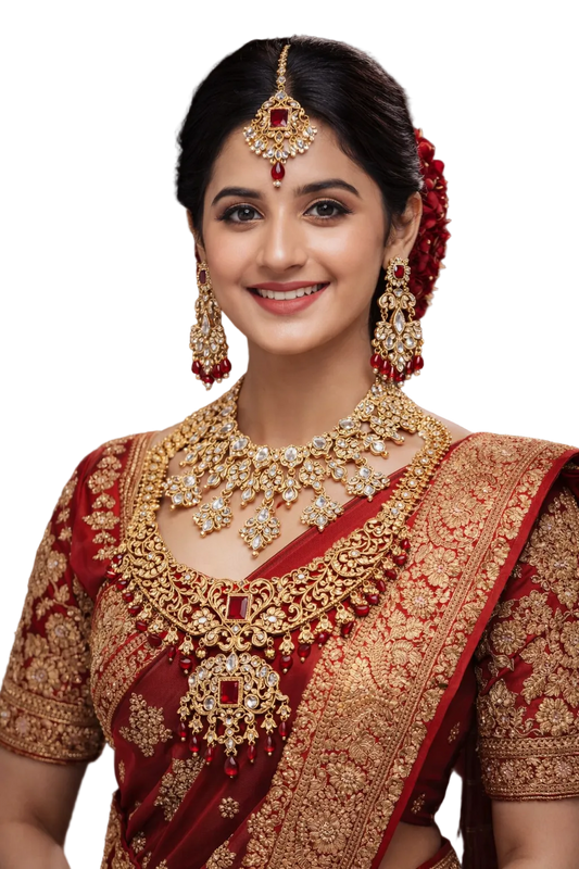Woman wearing traditional jewelry and a red and gold saree against a brown background