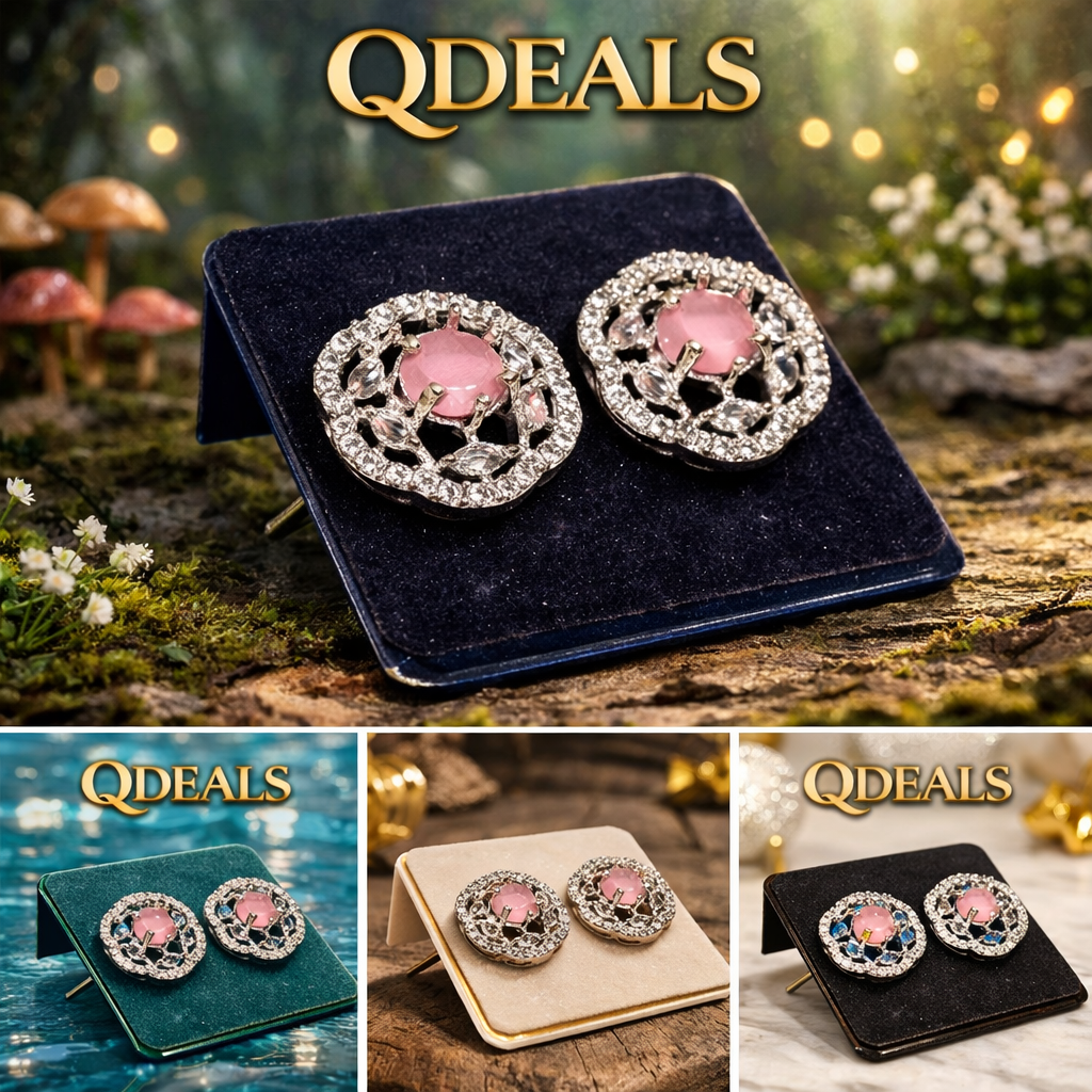 Pair of earrings with pink gemstones on a dark blue stand against a nature-themed background, featuring the brand 'QDEALS'.