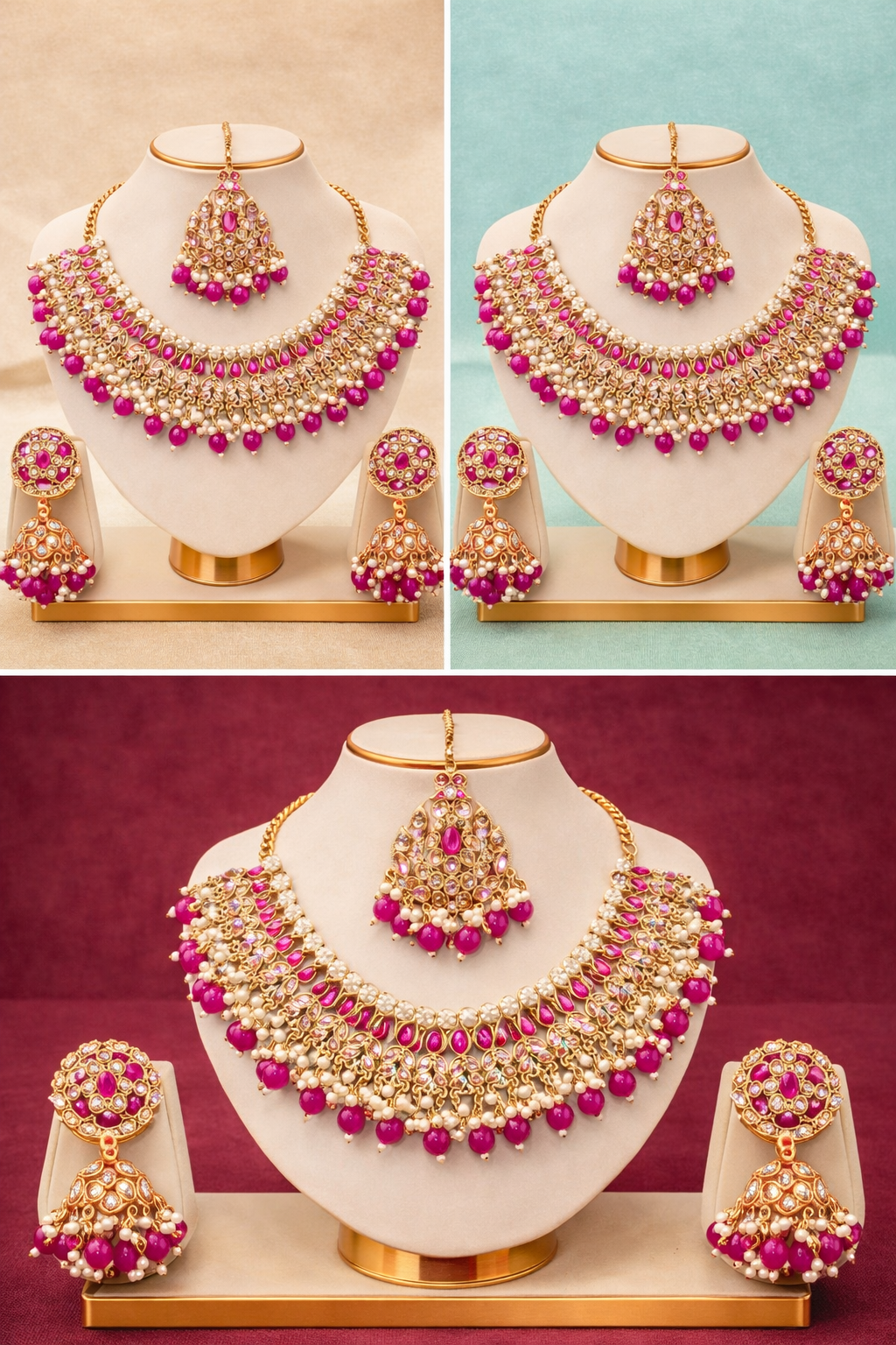 Jewelry set with necklace, earrings, and ring on a white stand against a colorful background.