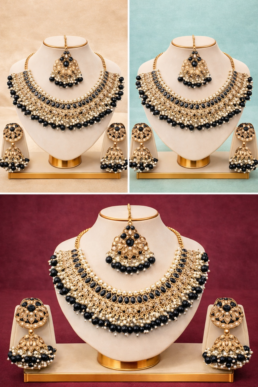 Jewelry set with necklace, earrings, and choker on a white mannequin against a colorful background.