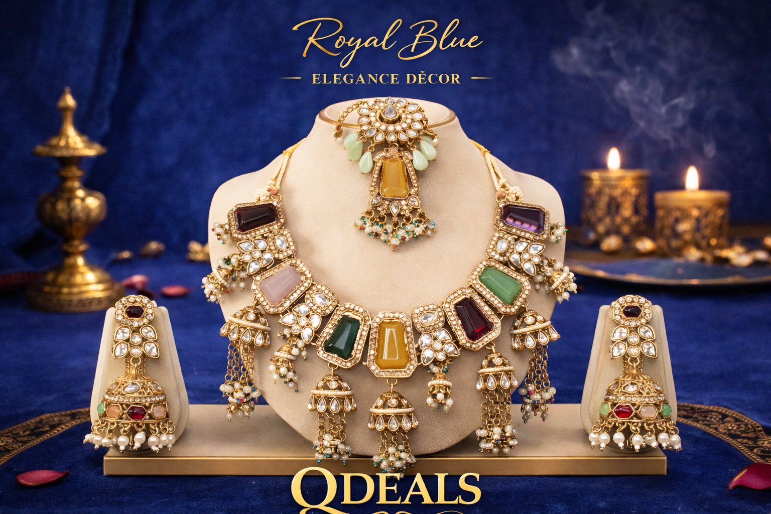 Ornate jewelry set on a mannequin bust with 'Royal Blue Elegance Decor' branding.