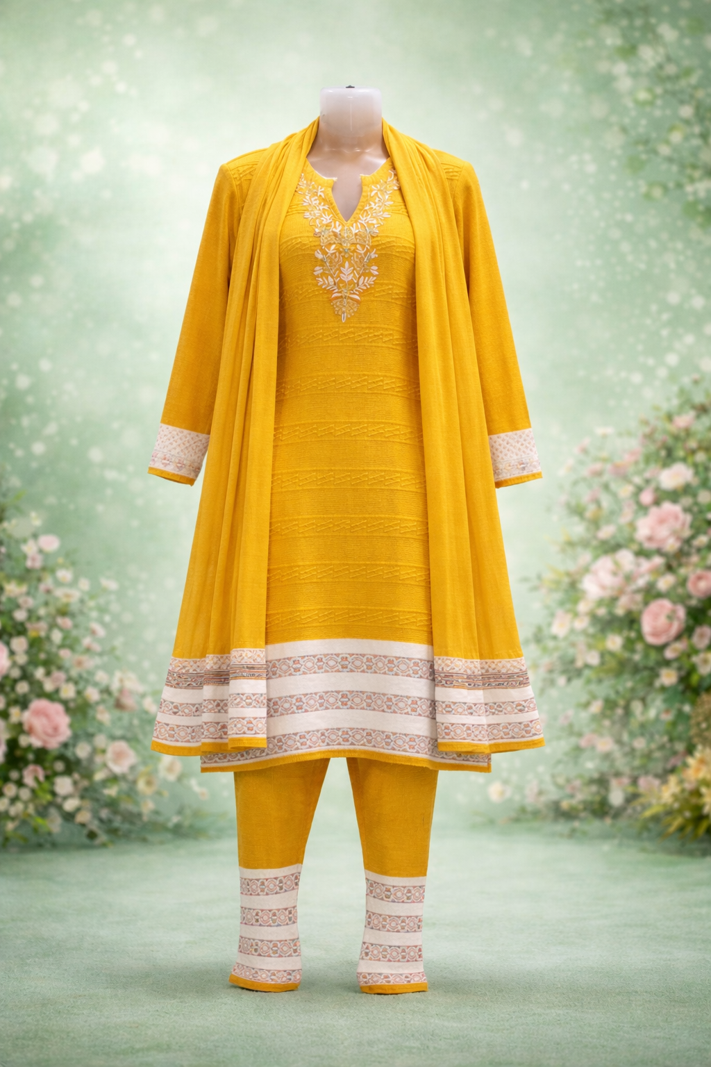WINTER SUIT       - Mustard Yellow Embroidered Salwar Suit Set