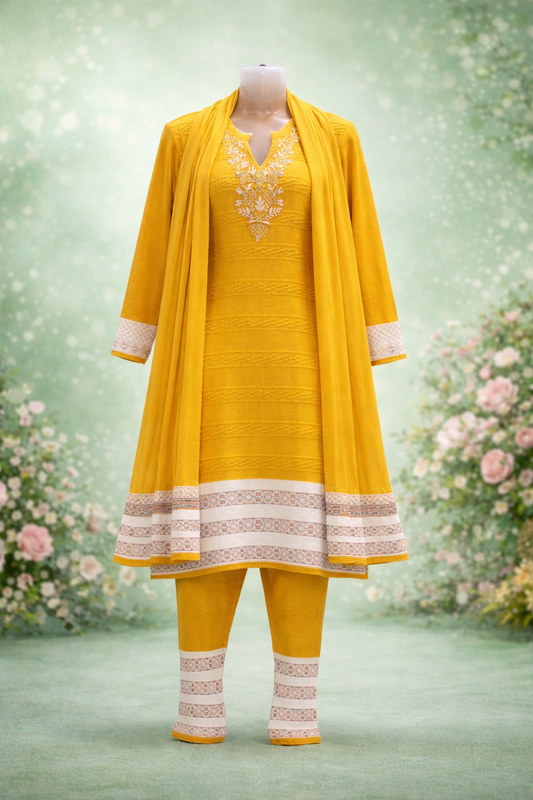 WINTER SUIT       - Mustard Yellow Embroidered Salwar Suit Set