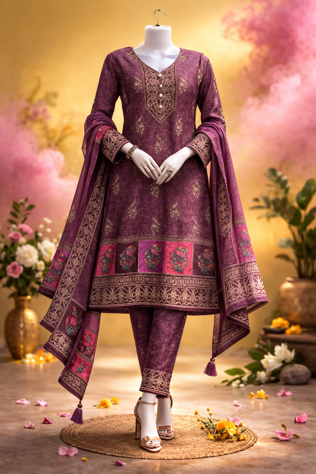 WINTER SUITE - Elegant Maroon Printed Suit Set with Dupatta