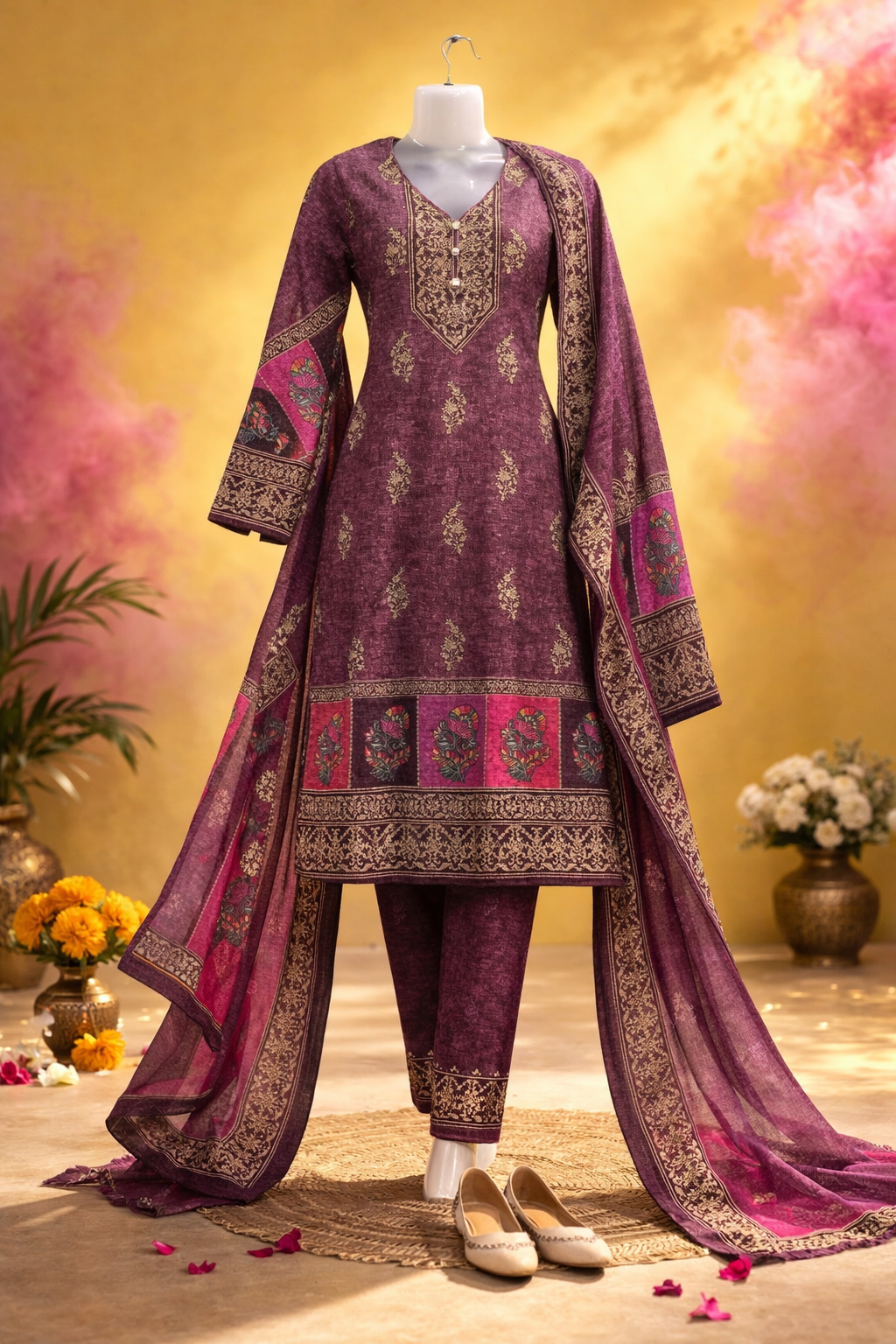 Purple embroidered traditional outfit with matching dupatta on a decorative background