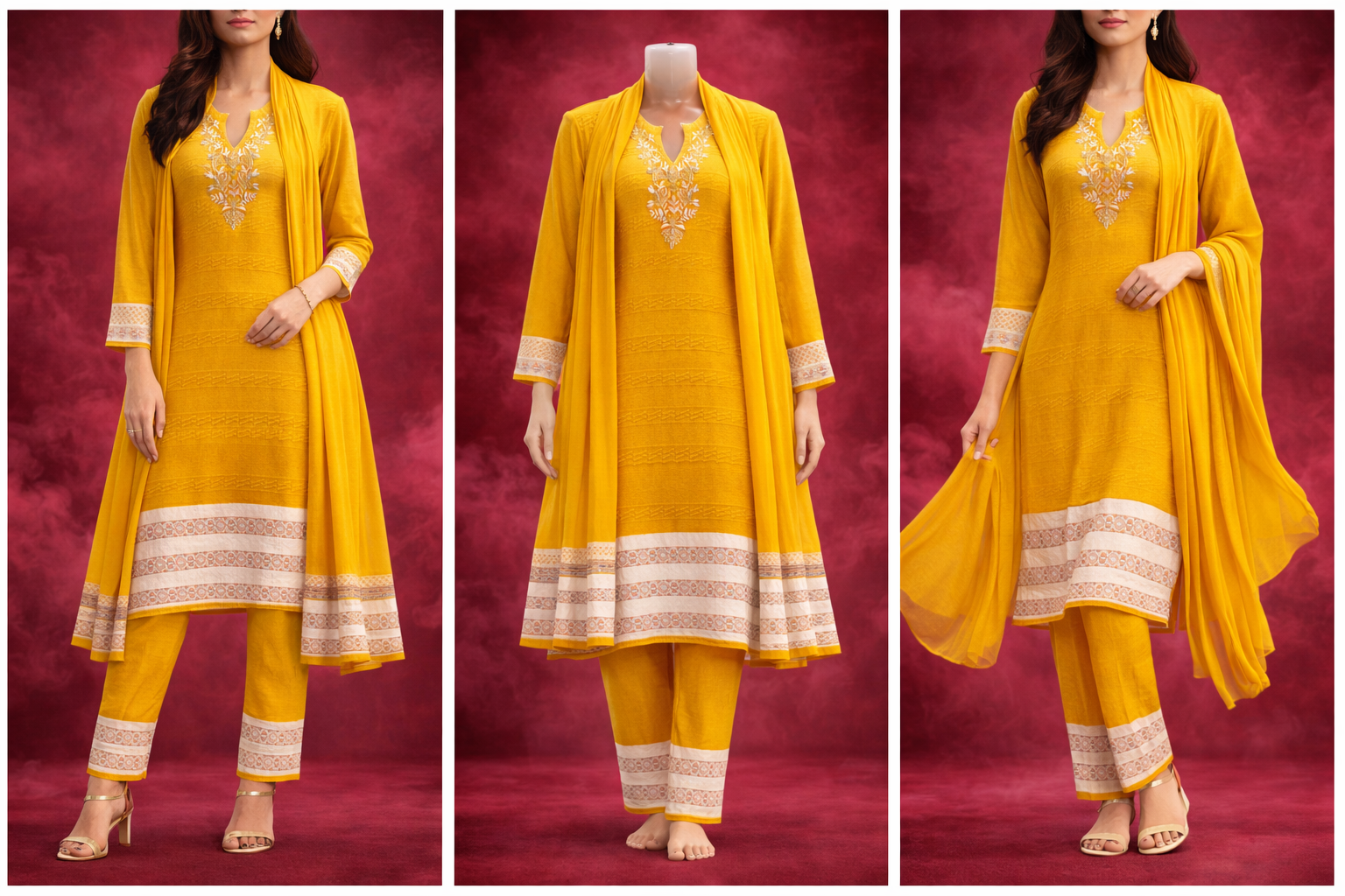WINTER SUIT       - Mustard Yellow Embroidered Salwar Suit Set