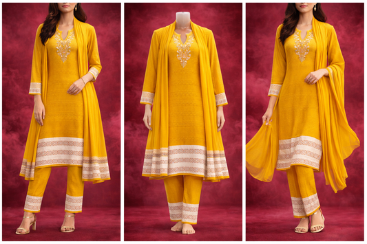 WINTER SUIT       - Mustard Yellow Embroidered Salwar Suit Set