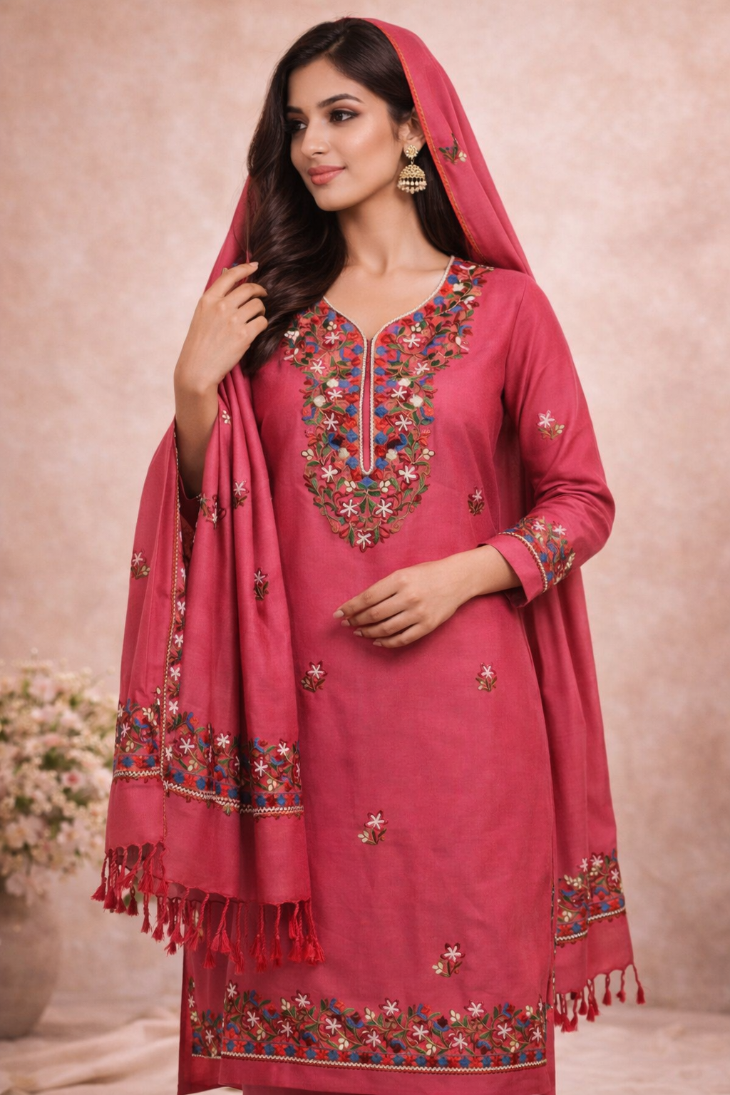 Kashmeri - Dress Material-Elegant Pink Embroidered Dress Material (3-Piece Unstitched Set)