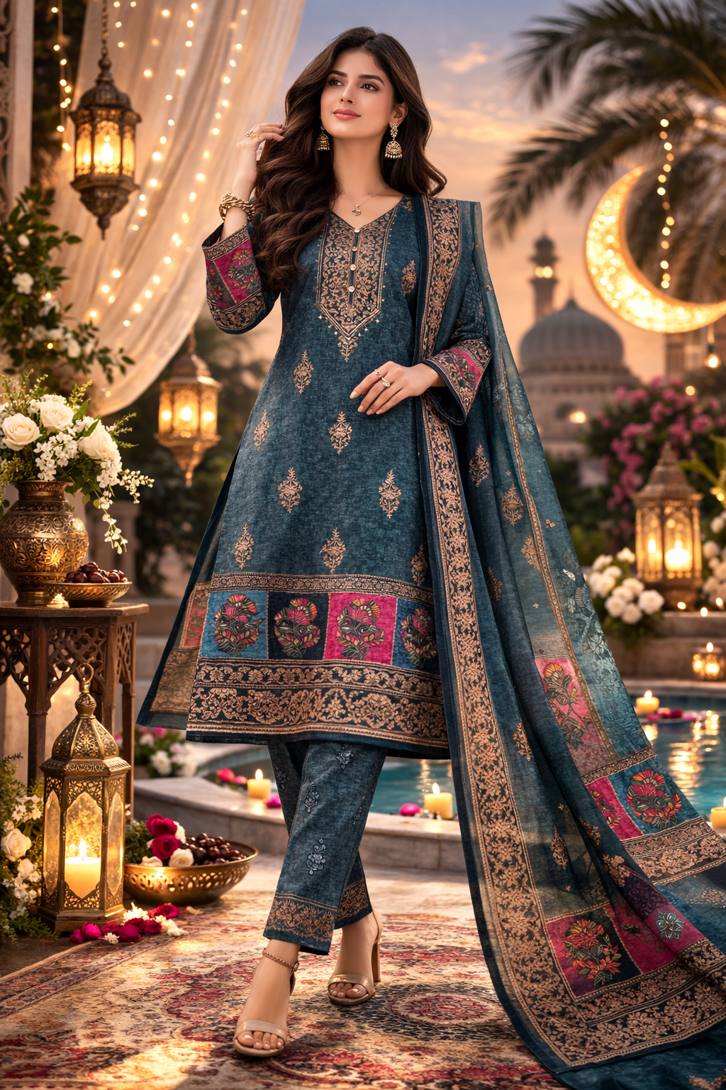 Premium 3-Piece Printed Suit – Teal Elegance Collection ✨